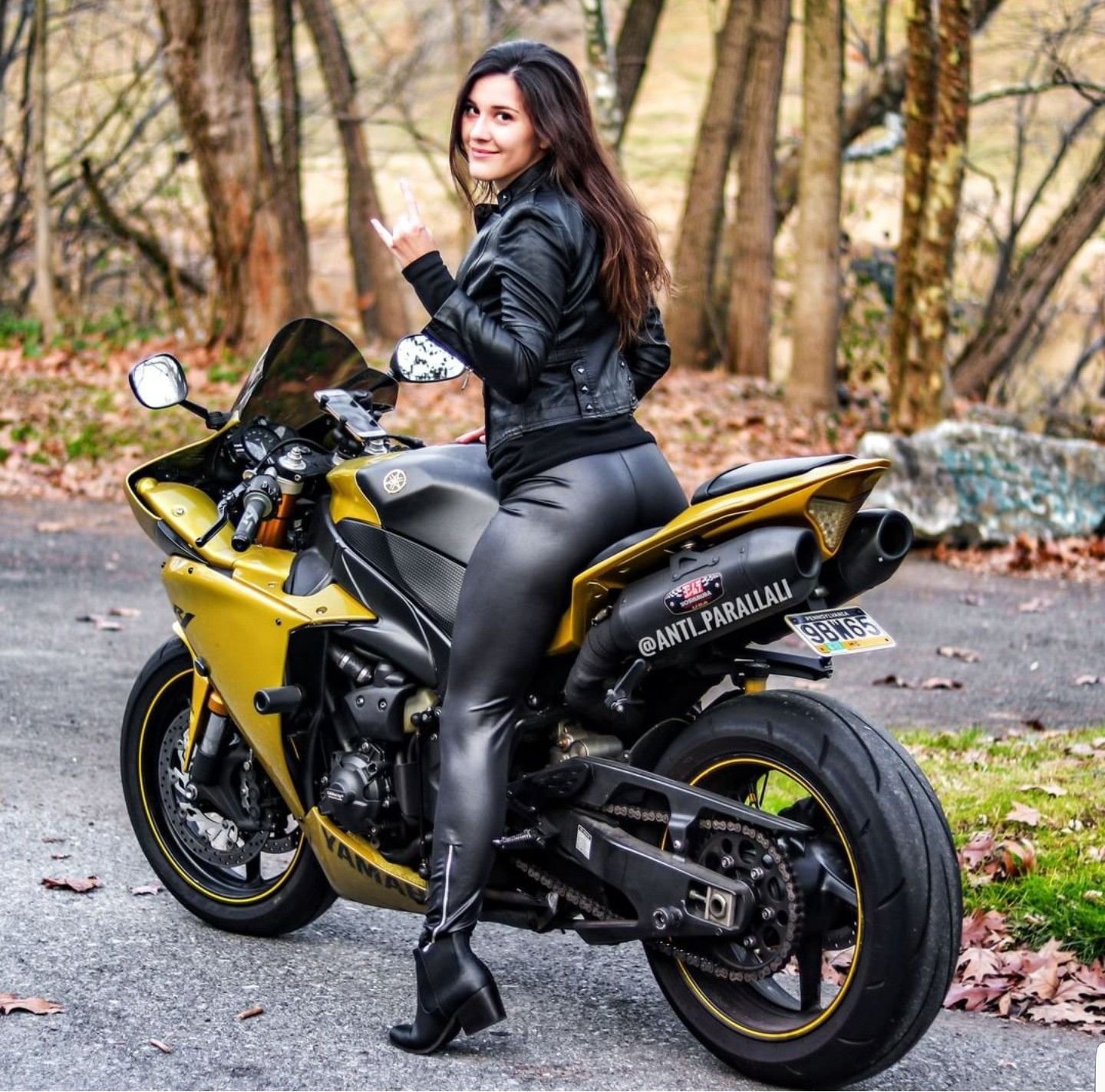 Sexy girl Brunettes on a motorcycle in Raleigh